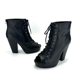 Wild Diva Black Peep-Toe Booties Size 6 Faux Leather Tapered High Heel Platform